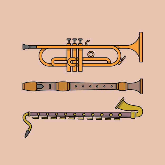 Illustrazione di strumento musicale. insieme dell'icona di contorno. tromba, flauto, clarinetto.