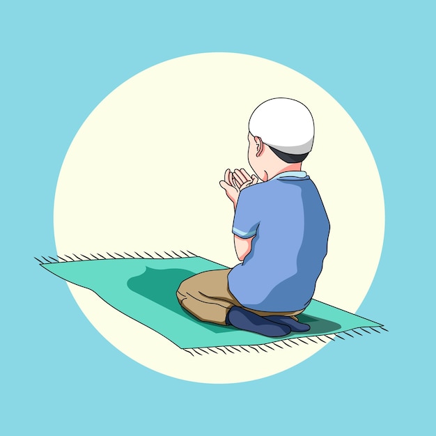 illustration of a Muslim boy character praying while raising his hand on a prayer rug