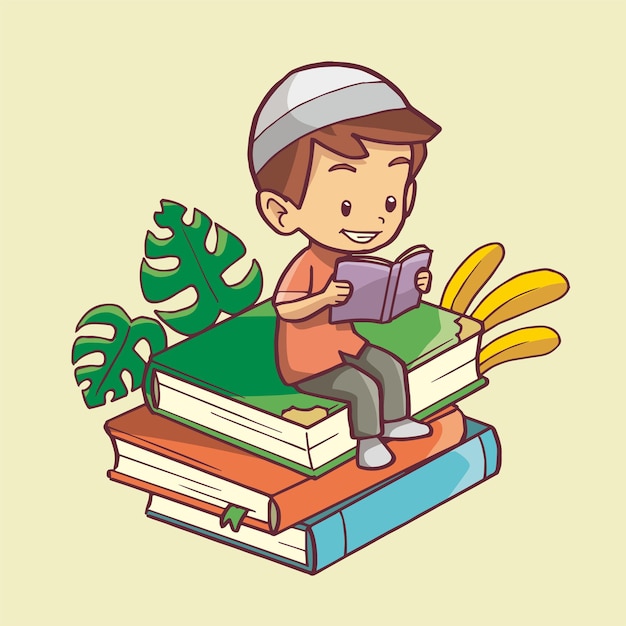 Illustration of muslim boy reading a book on a pile of books. hand drawn art