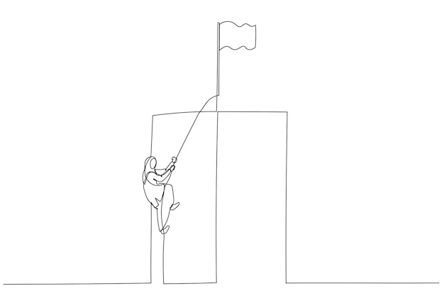Иллюстрация мусульманской деловой женщины, взбирающейся на скалу на веревке, концепция карьерного роста. Непрерывный стиль искусства линии.