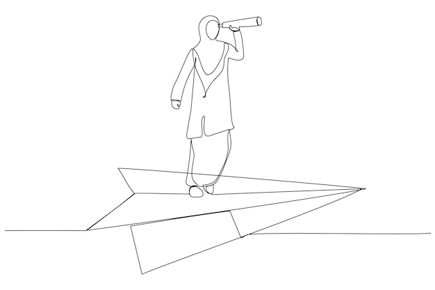 illustration of muslim businesswoman flying on paper plane business visionary and investment opportunity illustration one line art style
