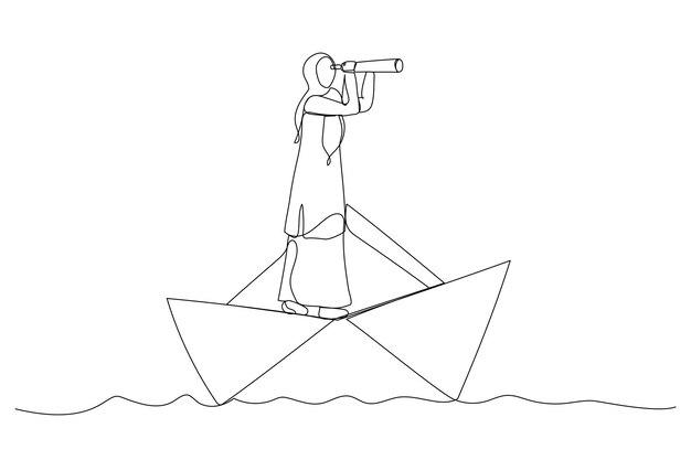 illustration of muslim businesswoman looks through a telescope standing on paper boat vector business concept illustration one continuous line art style