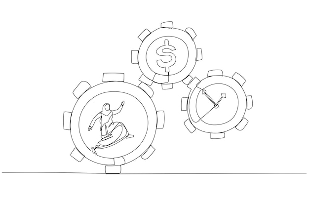 Illustration of muslim businesswoman pushing gears wheel concept of business team work continuous line art style