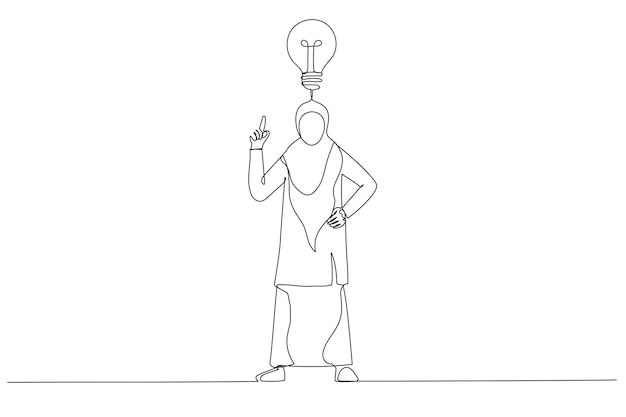 革新とインスピレーションのための電球の比喩を持つイスラム教徒の実業家のイラスト 1 ライン アート スタイル