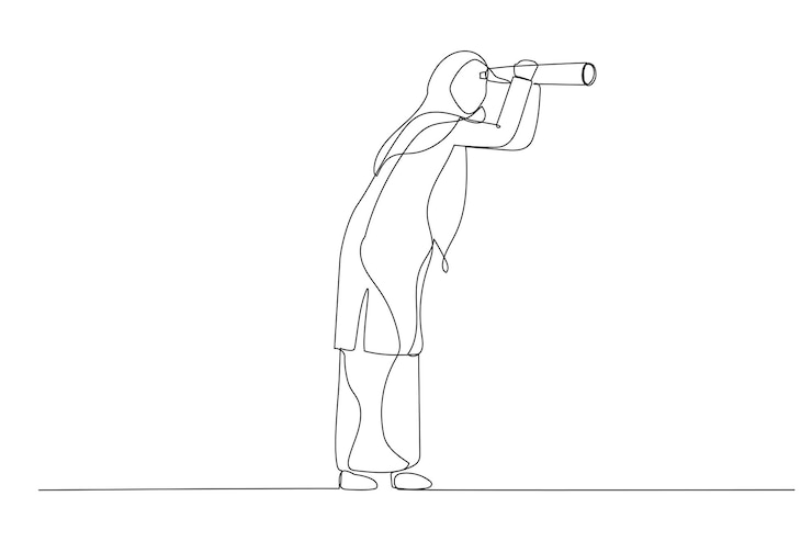 Vector illustration of muslim businesswoman with telescope idea or inspiration business visionary one line style art