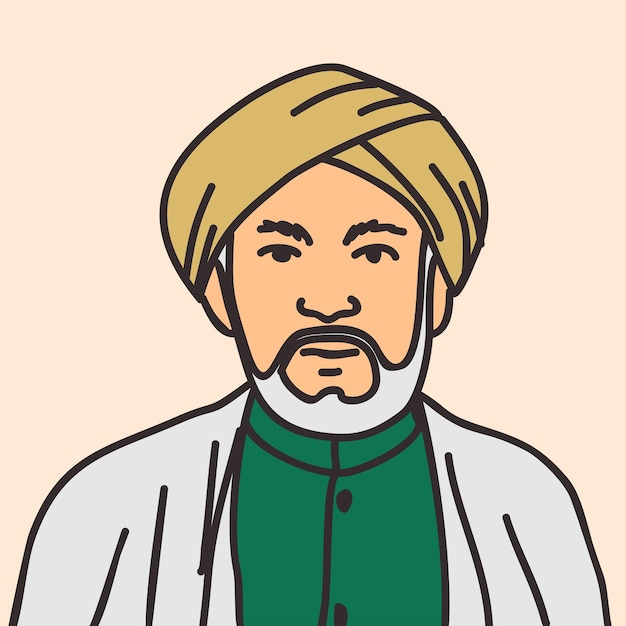 Illustrazione di uno studioso accademico religioso musulmano con un turbante e abiti mediorientali