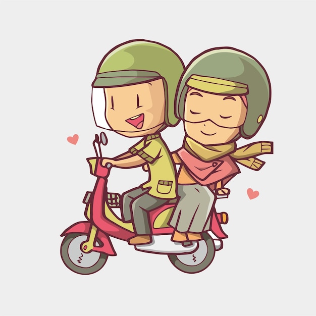 Illustration of a muslim couple riding a motorbike han drawn art