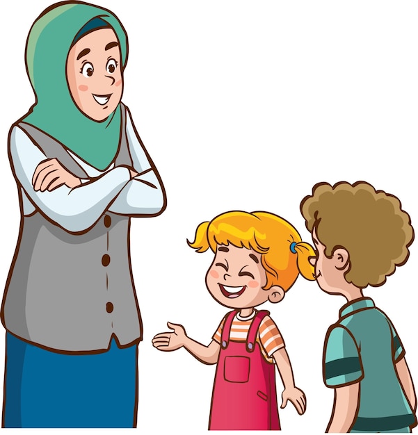 Illustration of a Muslim Girl Talking to Her Kids on White Background