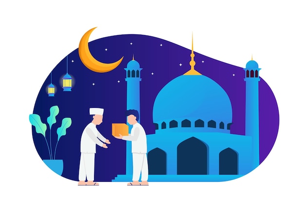 illustration of a Muslim giving gifts alms during Ramadan