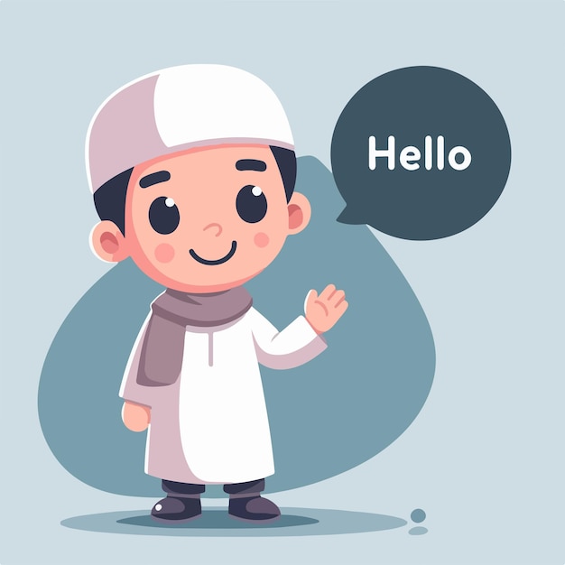Illustration of a muslim kid saying hello with a simple and minimalist flat design style
