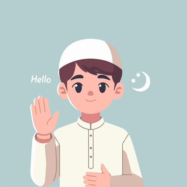 Vector illustration of a muslim kid saying hello with a simple and minimalist flat design style