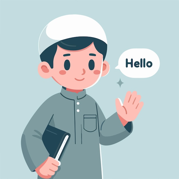 Vector illustration of a muslim kid saying hello with a simple and minimalist flat design style