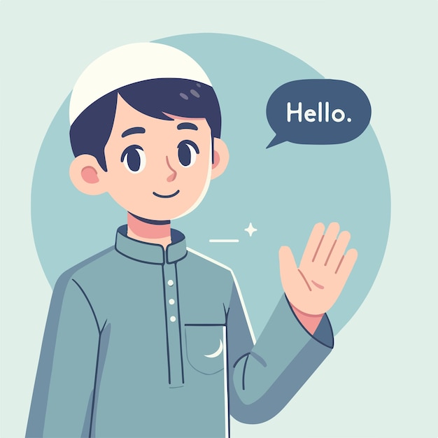 Illustration of a Muslim kid saying hello with a simple and minimalist flat design style