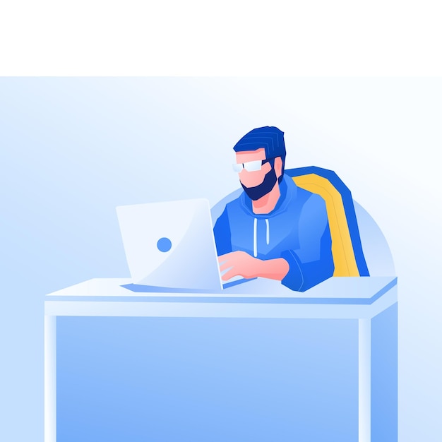 Illustration of a muslim man working in front of a laptop