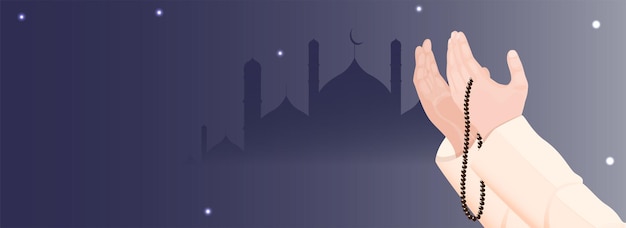 Illustration Of Muslim Praying Hands With Tasbih On Blue Silhouette Mosque Background