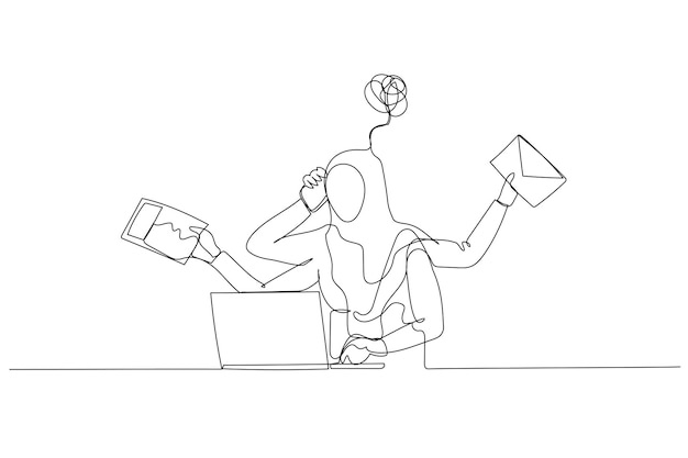Illustration of muslim woman dizzy stressed because of daily work receive email sending paper Continuous line art style