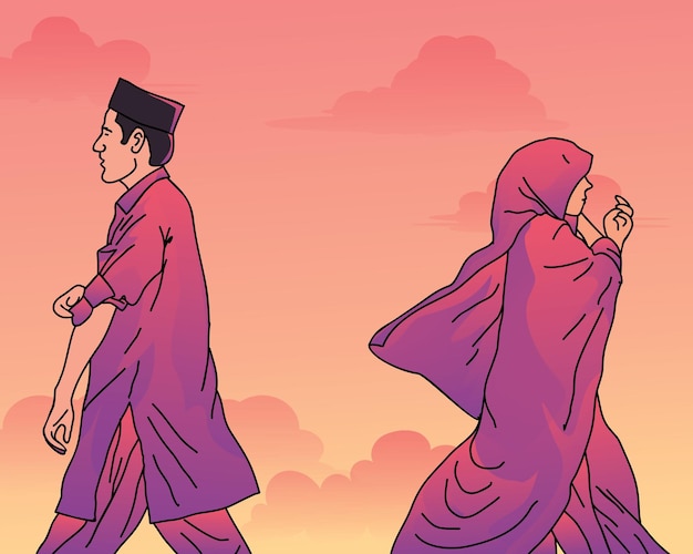 Illustration of a muslim woman and a muslim man walking in opposite directions against a twilight