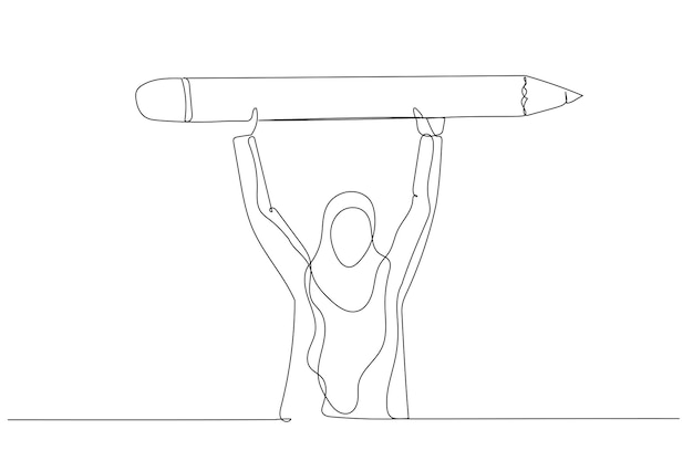 Illustration of muslim woman raise big pencil concept of creativity and education Single continuous line art style