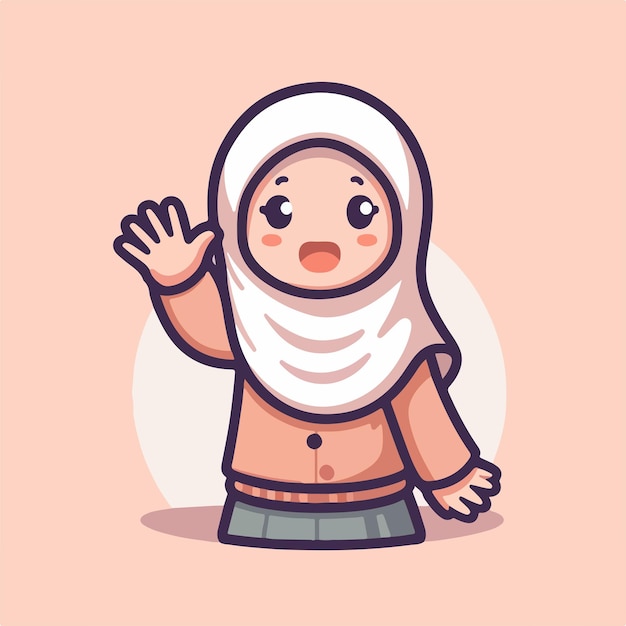 Illustration of a Muslim woman saying hello with a simple and minimalist flat design style
