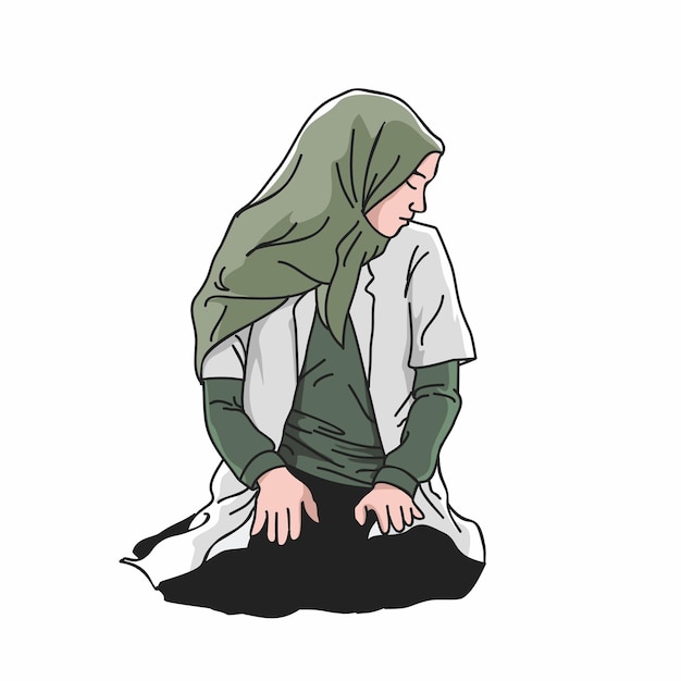 Illustration of a muslim woman sitting with her face turned away melancholy