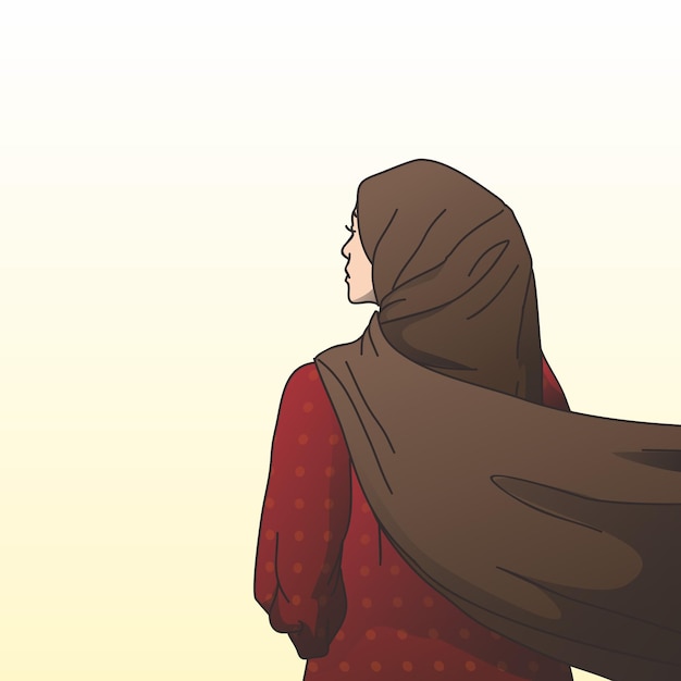 Illustrazione di una donna musulmana in piedi dritta rivolta all'indietro con un bellissimo hijab