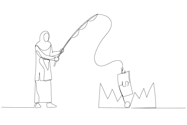 Illustration of muslim woman stealing money from trap with fishing rod metaphor of investment risk Single line art style