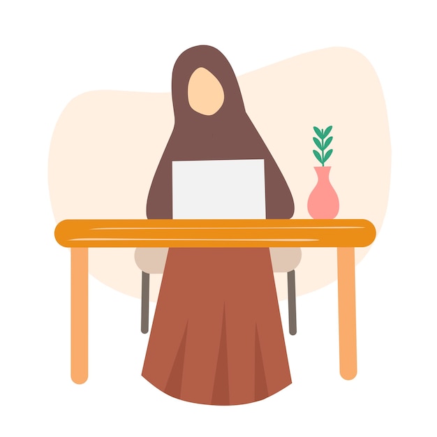 집에서 노트북으로 일하는 이슬람 여성의 그림