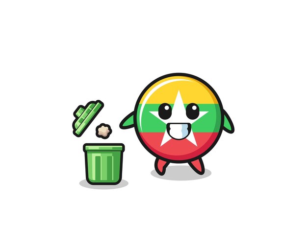 Illustration of the myanmar flag throwing garbage in the trash can cute design