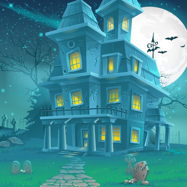 Illustration of a mysterious haunted house on a moonlit night