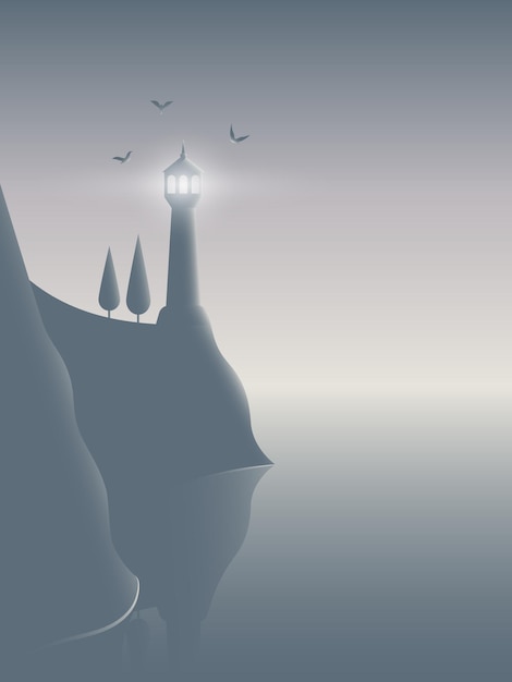 Illustration of mysterious lighthouse in the fog on the dark cliff flock of seagulls and calm water