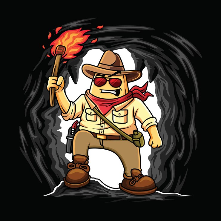 Vector illustration of nacho cartoon exploring a cave with a brave expression