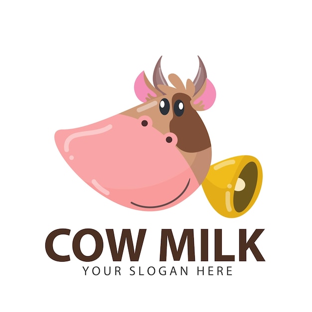 Illustration of natural cow's milk. horned cow head with bells. emblem, logo design