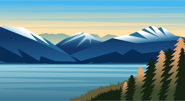 Vector illustration natural landscape of ice mountains pine forest and lake