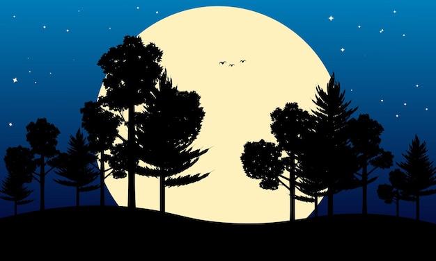 Vector illustration of nature at night with moonlight and tree silhouettes