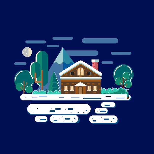 illustration of nature winter landscape with small house in flat design