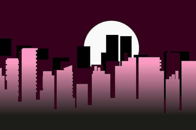 illustration of a night city with red color on the background of the moon