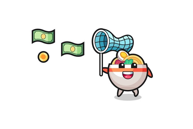 illustration of the noodle bowl catching flying money
