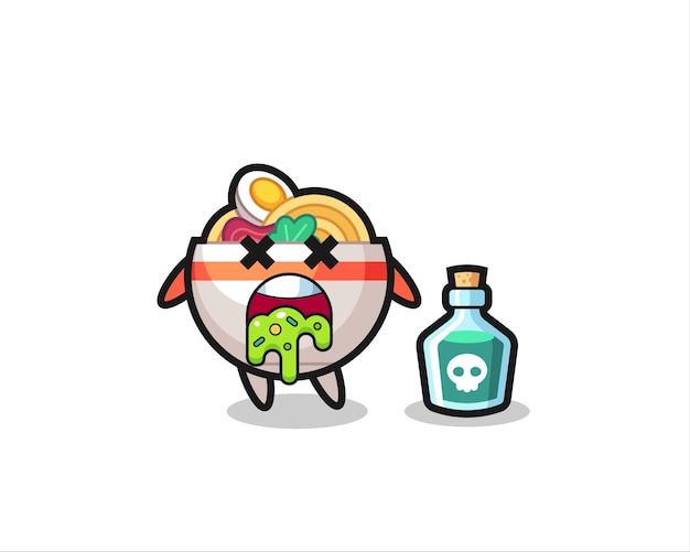 Illustration of an noodle bowl character vomiting due to poisoning