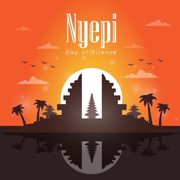 Vettore illustrazione dei saluti del nyepi day con toni arancioni e la sagoma di un tempio