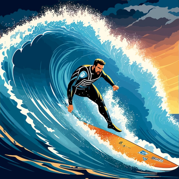 Vector illustration ocean man surfing big waves day