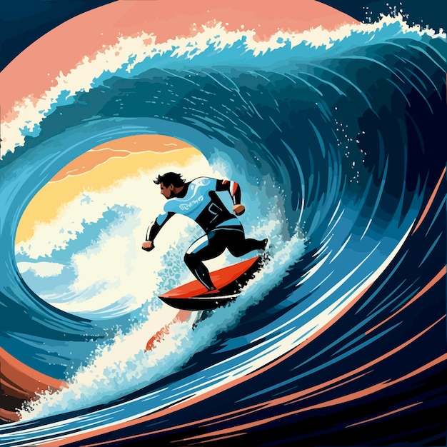 Vector illustration ocean man surfing big waves day