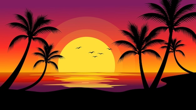 ココナッツの木のシルエットと海の夕日のイラスト