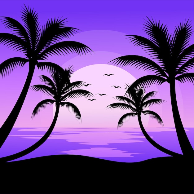 Illustration of ocean sunset with coconut tree silhouette