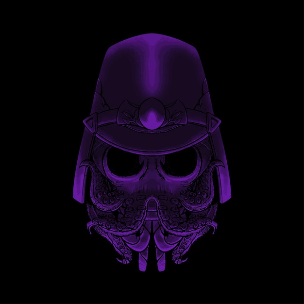 Vector illustration of octopus on purple and black shading wearing samurai helmet