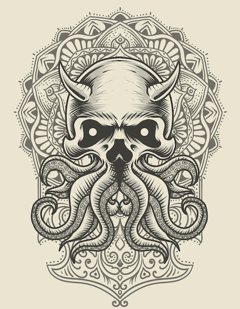 Illustrazione teschio di polpo con ornamento mandala