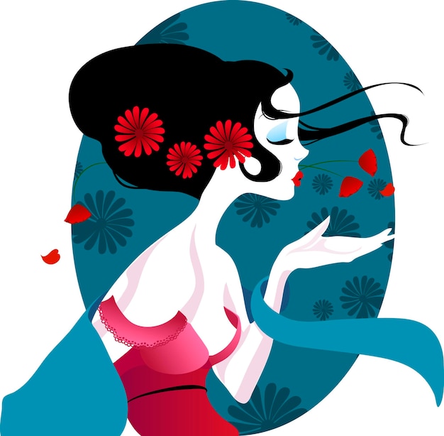 Иллюстрация красивой гейши в красном платье очень нежной и страстной