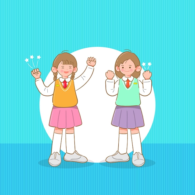 腕を上げて応援している男の子と女の子のイラスト