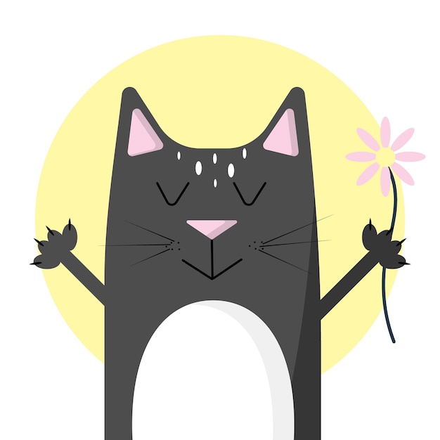 Иллюстрация кота с цветком чёрный кот милый котик