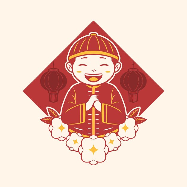 Иллюстрация милого мальчика, празднующего китайский новый год