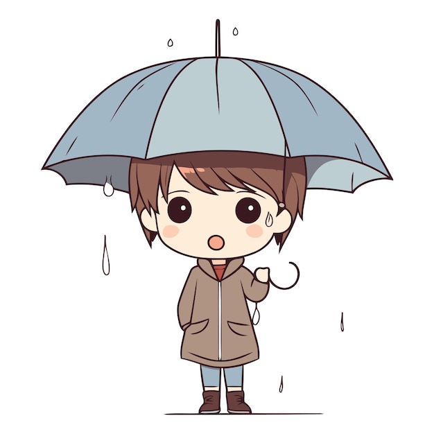 벡터 레인코트 와 우산을 입은 귀여운 소년 의 일러스트레이션